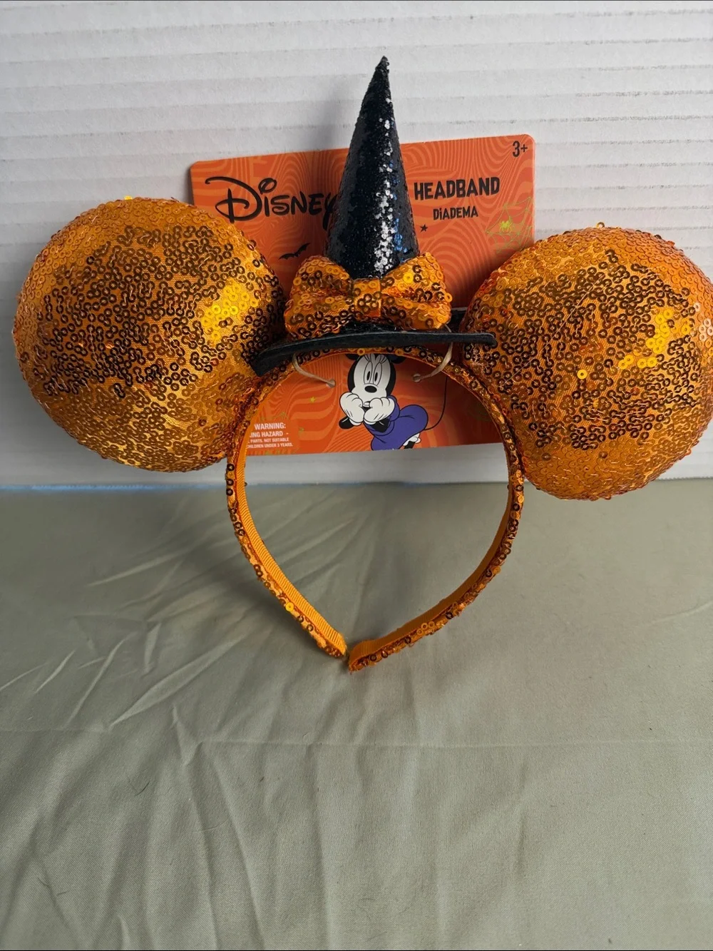 Disney Orange Sequin Minnie Ears Headband with Black Witch Hat